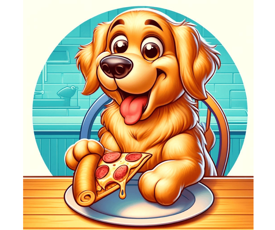 A cartoon golden retriever sits at a table with a slice of pizza, illustrating the playful capabilities of AI image creation featuring anthropomorphized characters