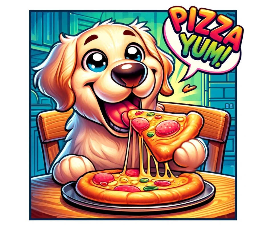 AI-generated image of a delighted cartoon golden retriever saying 'Pizza Yum!' as it enjoys a cheesy pizza slice, showcasing the AI's ability to add expressive text to images.