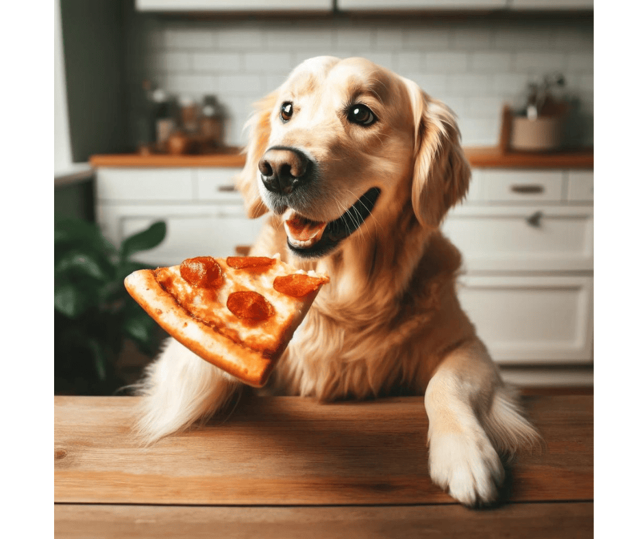 Realistic AI-rendered image of a golden retriever eating a slice of pizza, exemplifying the advanced capabilities of AI to mimic real-life photography in image creation.