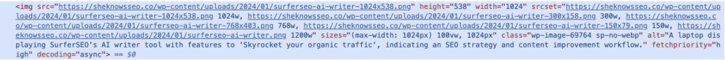 Screenshot of code highlighted in blue showing the image source code for an image in a She Knows SEO blog post to demonstrate how to find alt text in the code. 