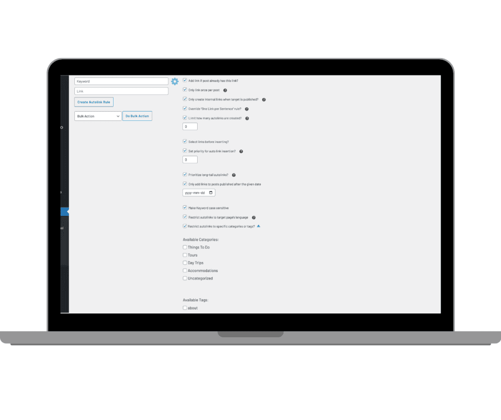 Screenshot showcasing the Link Whisper dashboard with Auto-Linking settings highlighted, a key tool for bloggers to boost affiliate conversions through strategic internal linking.