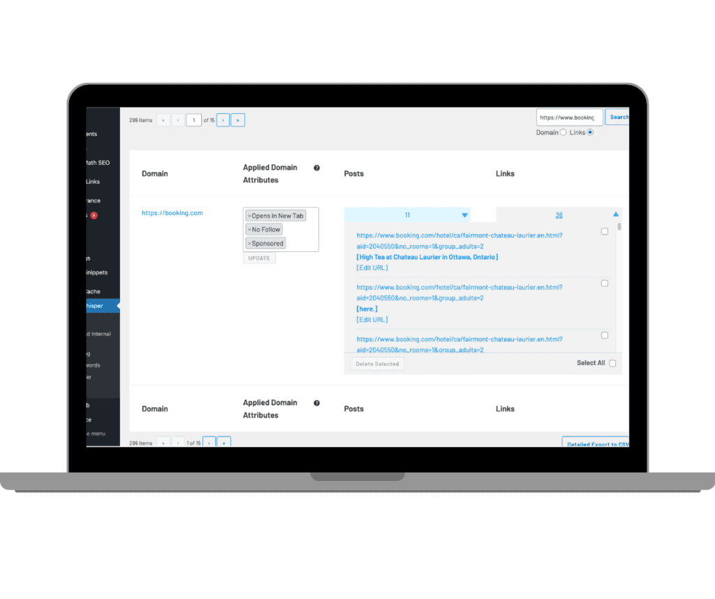 The Domains Report tab within Link Whisper, revealing domain management features essential for bloggers to improve affiliate link conversions.