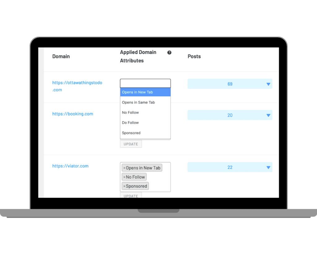 Link Whisper's Domains Report interface displaying domain attributes for affiliate links, helping bloggers to optimize for better conversion rates.