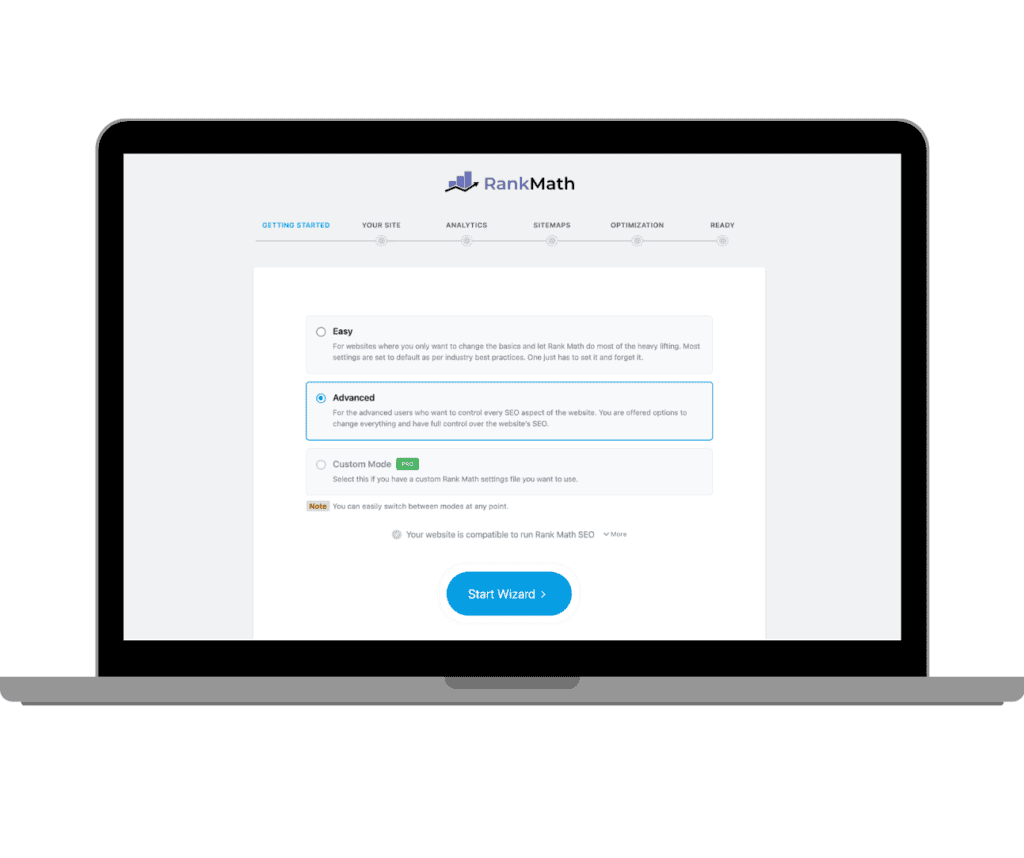 Rank Math SEO setup wizard displaying advanced setup options including Easy, Advanced, and Custom Mode to cater to different levels of SEO expertise.