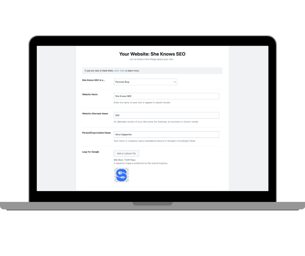 Rank Math SEO plugin 'Your Site' information page, prompting for details such as website name, alternate name, and owner information for SEO setup.