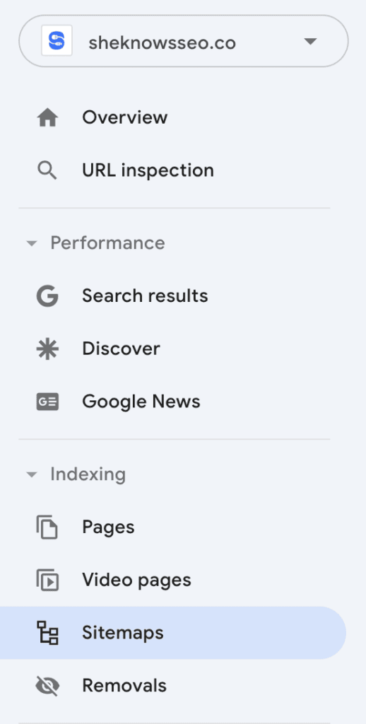 Google Search Console sidebar showing the "Indexing" section with the word "Sitemap" highlighted.