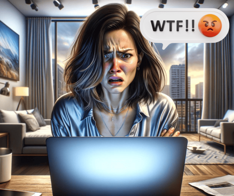 Cartoon of a woman staring in horror at her laptop screen with a speech bubble saying "WTF?! [angry emoji]" beside her head. She is angry someone stole her blog post.