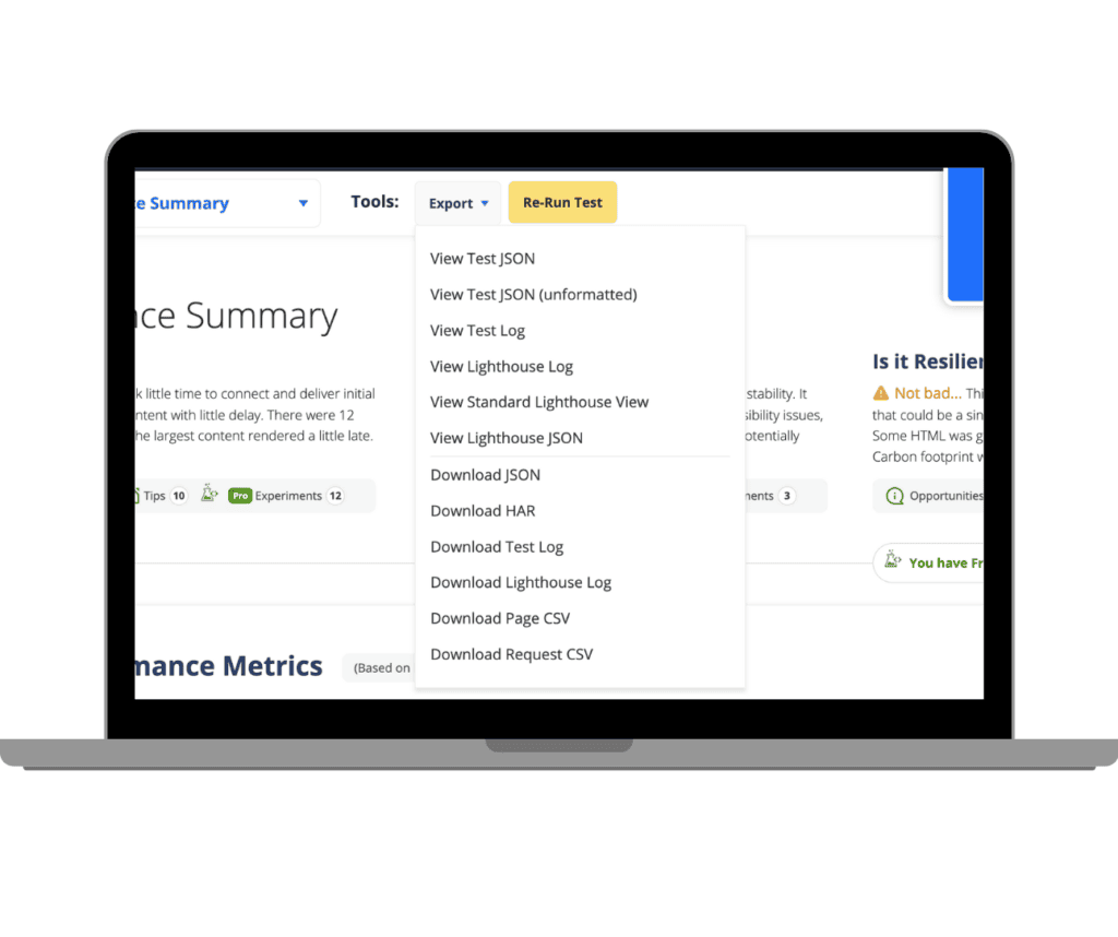Dropdown menus on the WebPageTest performance summary page, providing various export options for test data including JSON, CSV, and logs, alongside a summary panel and a call-to-action to re-run tests.
