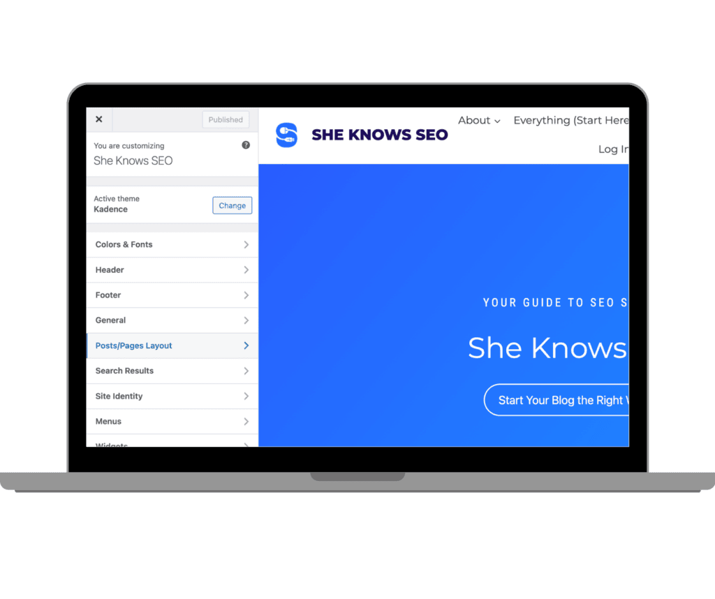 WordPress dashboard view of the Kadence theme's 'Posts/Pages Layout' customization menu, featuring settings for post components such as author box and featured image display.