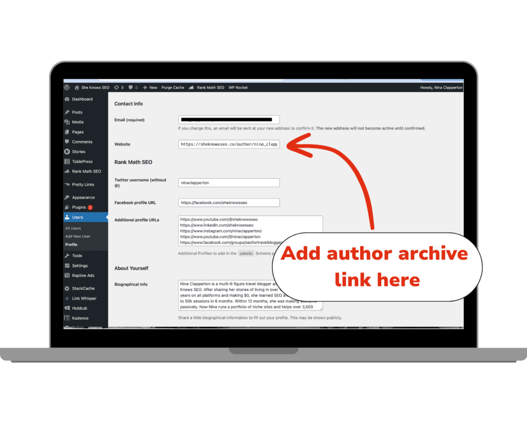 WordPress user profile editing page for adding an author's website URL, with a note 'Add author archive link here' indicating where to insert the link.