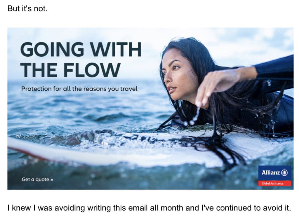 Going with the flow ad for Allianz Travel Insurance with a woman paddling a surf board. 
