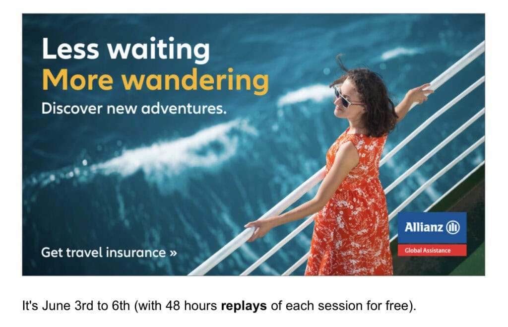 Less Waiting More Wandering ad from Allianz Travel Insurance with a woman standing on the side of a cruise ship looking at the ocean.