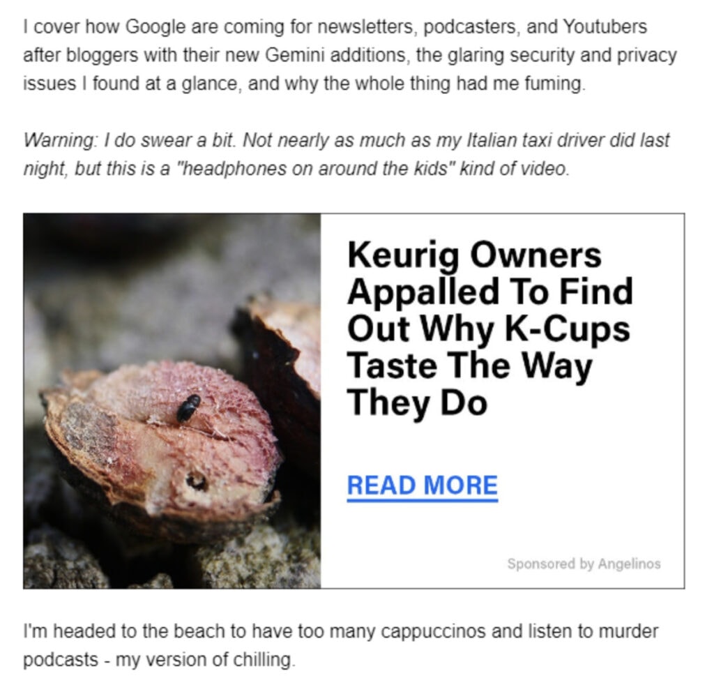 Ad showing "Keurig Owners Appalled To Find Out Why K-Cups Taste The Way They Do" with a blue Read More text.