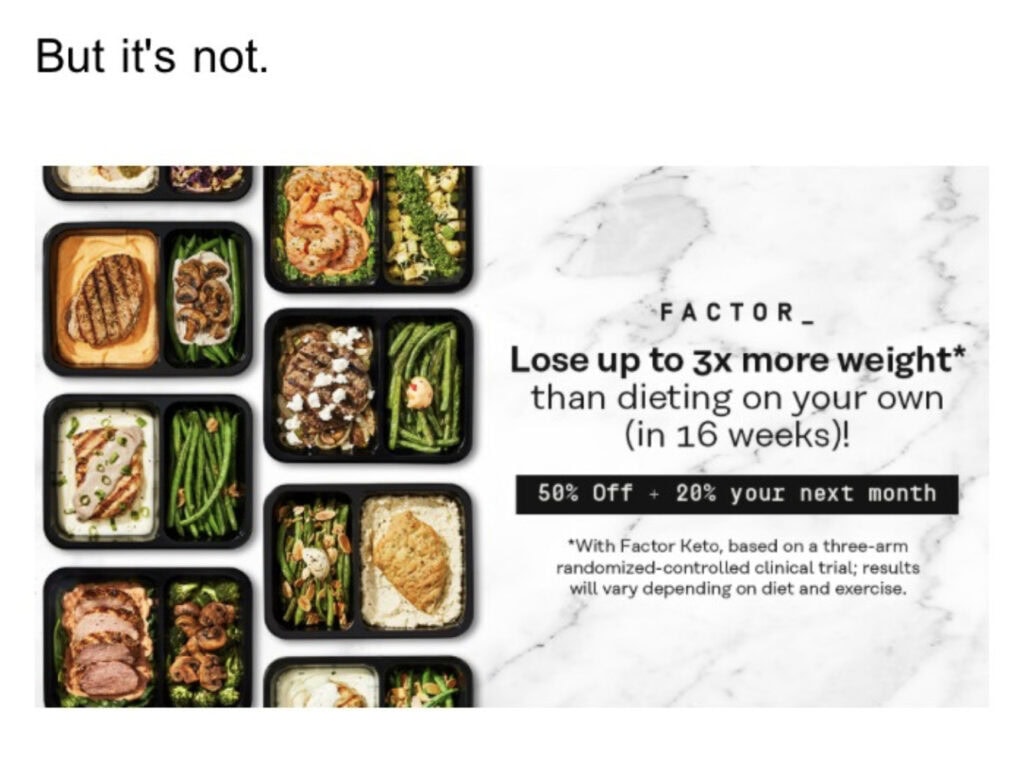 Ad showing Factor Foods with a 3x more weight loss promise compared to dieting and a 50% off coupon. 