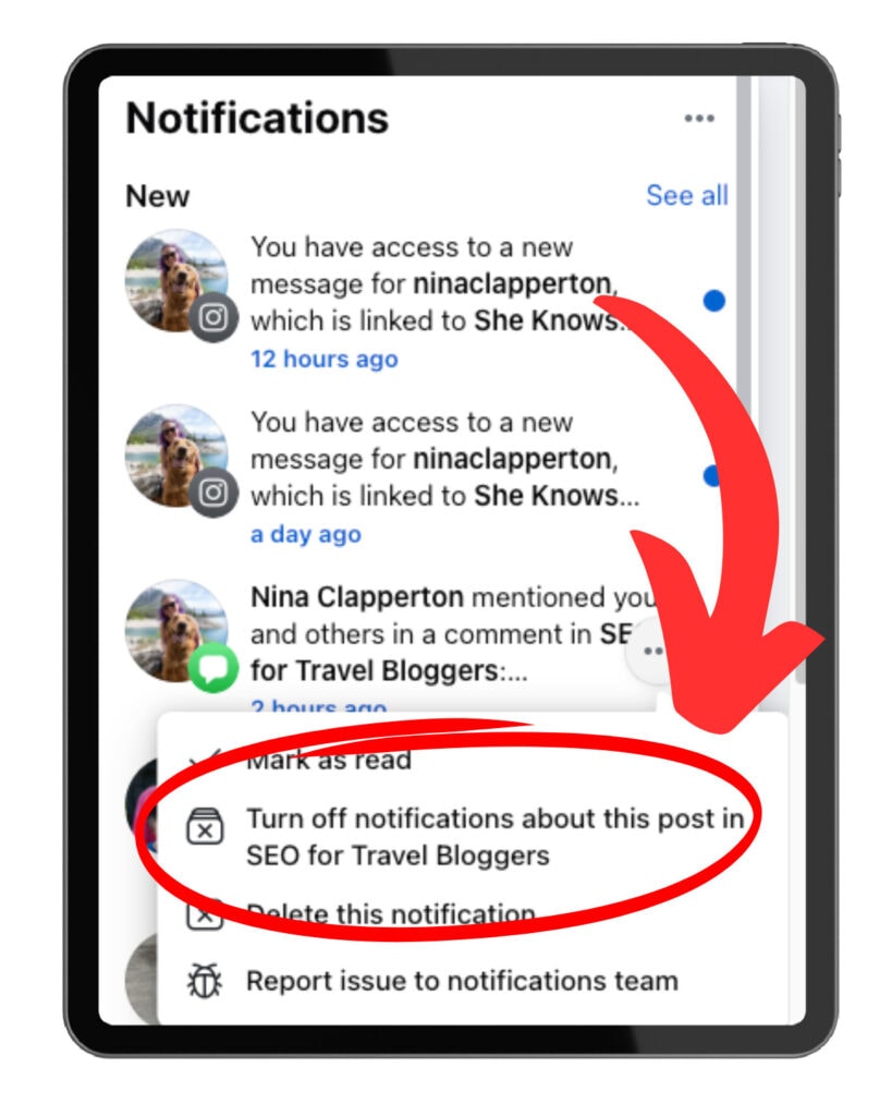  A tablet screen showing the dropdown menu from a notification. The "Turn off notifications about this post in SEO for Travel Bloggers" option is circled in red and pointed to with a red arrow, highlighting how to manage notification settings for specific posts.
