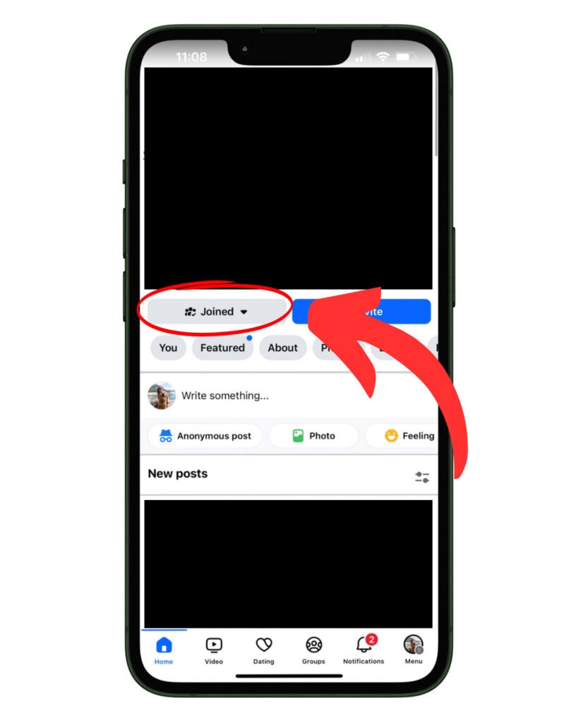 A smartphone screen showing a Facebook group page with the "Joined" button circled in red and pointed to by a red arrow. This highlights the option to manage group membership settings.