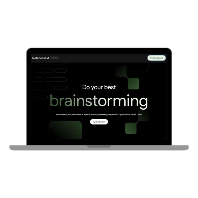Laptop mockup with NotebookLM homepage on the screen.