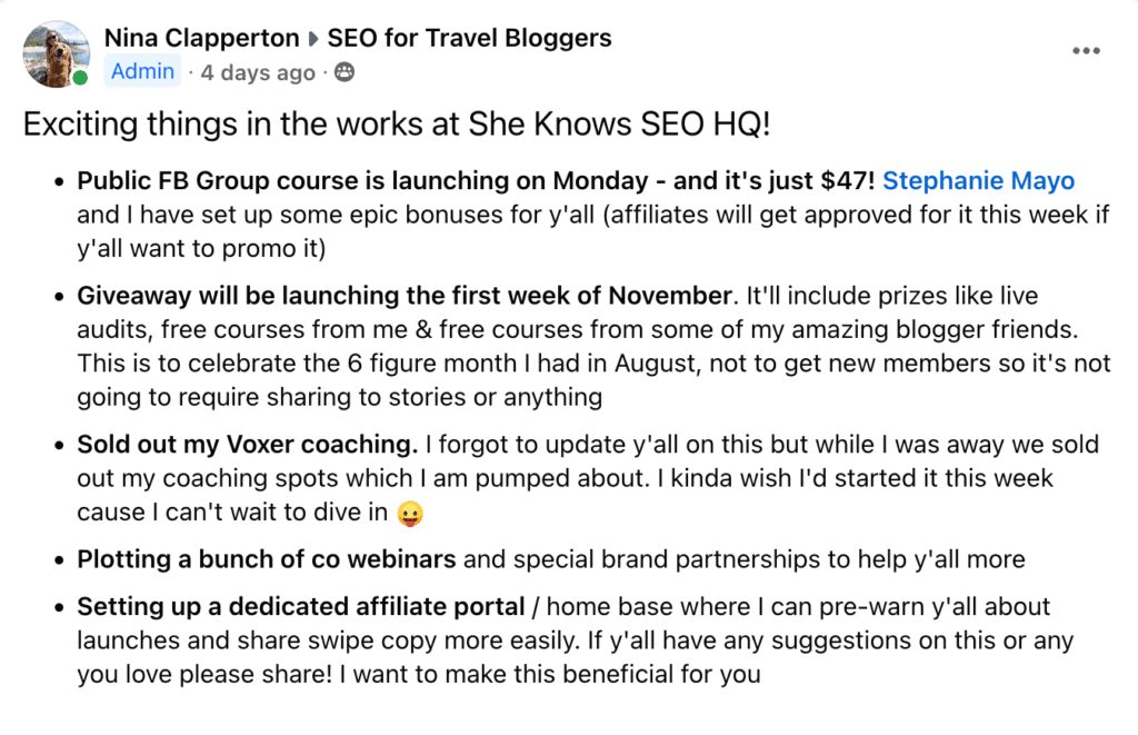 A Facebook post by Nina Clapperton titled "Exciting things in the works at She Knows SEO HQ!" with a bulleted list of announcements, including a $47 public Facebook group course launch, a November giveaway with prizes, sold-out Voxer coaching, co-webinars planning, and a dedicated affiliate portal.