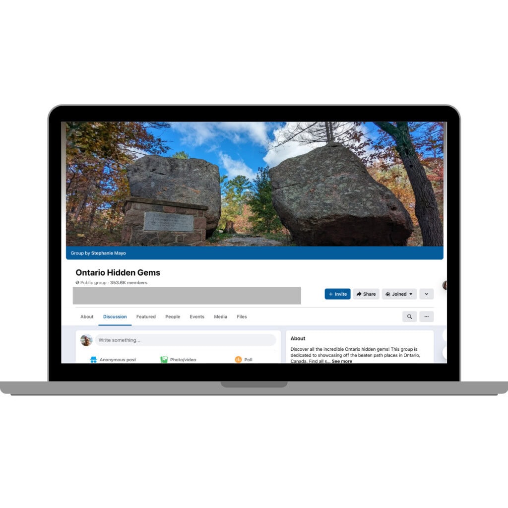 A screenshot of the Ontario Hidden Gems Facebook group displayed on a laptop screen. The cover photo features large boulders and trees in a scenic, wooded area. The group, created by Stephanie Mayo, has 353.4K members and features tabs like Discussion, Featured, People, Events, Media, and Files.