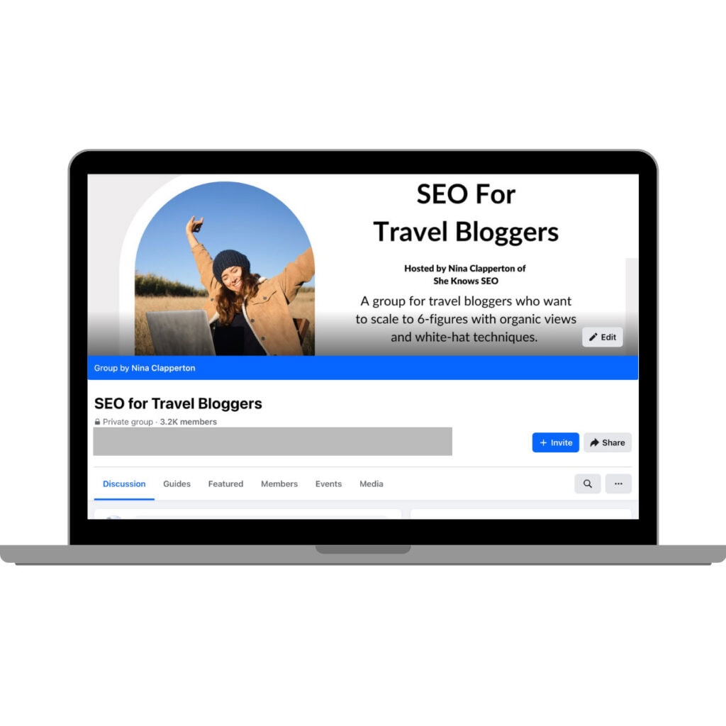 A screenshot of the "SEO for Travel Bloggers" private Facebook group shown on a laptop screen. The cover photo shows a woman smiling and raising her hand outdoors. The group is described as a space for travel bloggers aiming to grow with organic views and white-hat SEO techniques. It has 3.2K members.