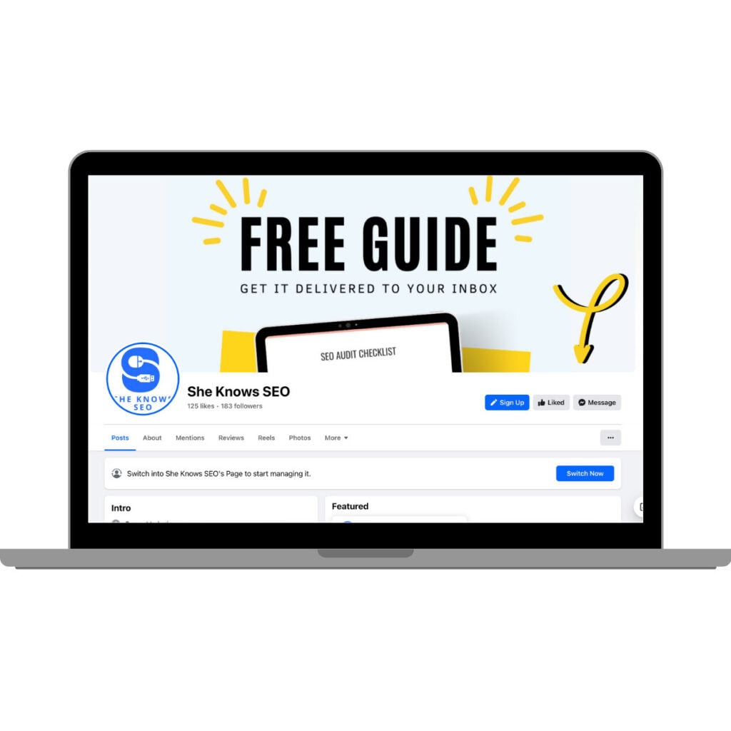 A screenshot of the "She Knows SEO" Facebook page displayed on a laptop. The cover image promotes a "Free Guide" with a subtitle "Get it delivered to your inbox," showcasing an SEO audit checklist graphic. The page has 125 likes and 183 followers, featuring tabs like Posts, About, Mentions, Reviews, and more.