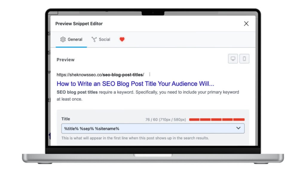 The Rank Math Preview Snippet Editor showing a blog post titled "How to Write an SEO Blog Post Title Your Audience Will Click" with "%sitename%" appended in the title field, demonstrating how to integrate site branding within SEO blog post titles.
