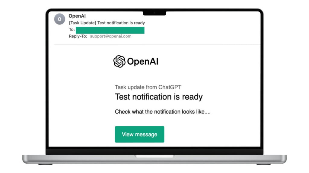 Example email from ChatGPT notifying about a scheduled task, showing the subject line and task details in the body of the message.