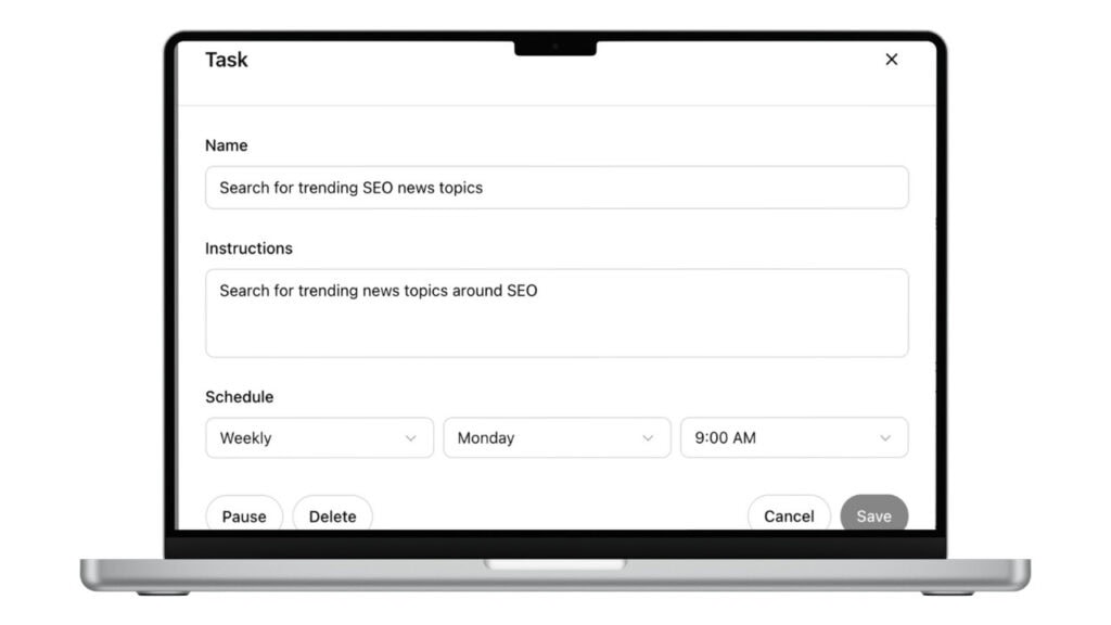 Screenshot of a task editing menu in ChatGPT, showing options to edit the task name, instructions, and schedule.