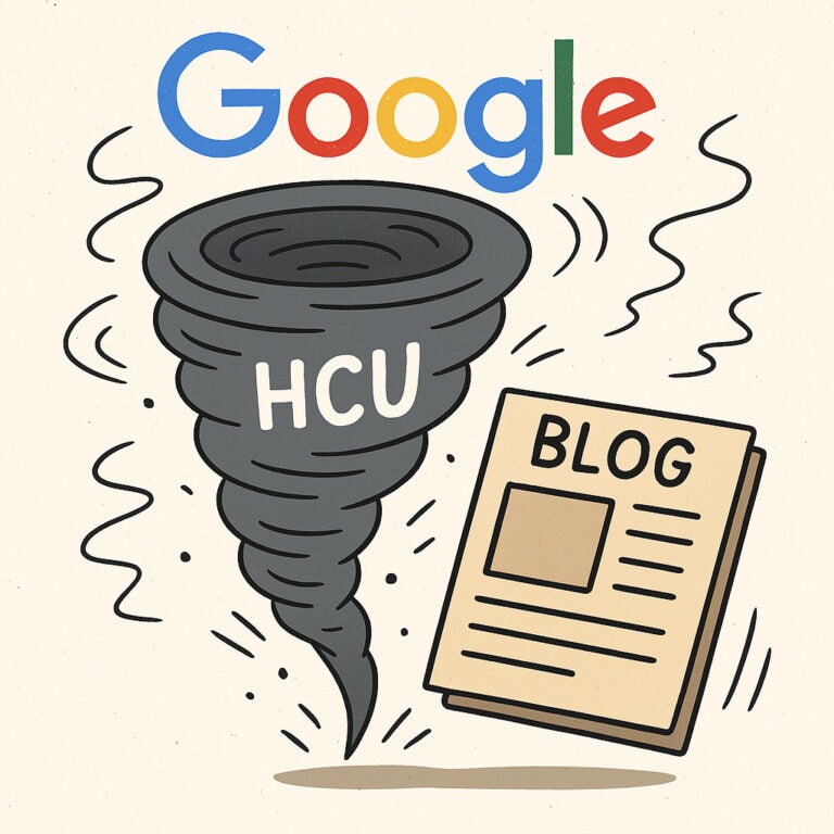 Illustration of a swirling tornado labeled “HCU” under the Google logo, tossing around a blog post—symbolizing the chaos and disruption caused by the Google Helpful Content Update to website traffic and rankings.