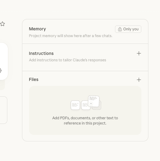 Claude project sidebar showing sections labeled "Memory" "Instructions" and "Files." The Files area displays the message "Add PDFs documents or other text to reference in this project" illustrating how to upload files when recreating a Custom GPT workflow.