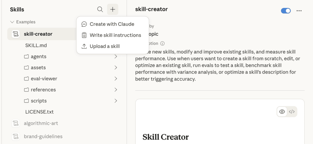 laude interface showing the Skills panel with a dropdown menu that reads “Create with Claude”, “Write skill instructions”, and “Upload a skill”, alongside a “skill-creator” example. This screenshot demonstrates how Claude’s Skills feature can replace a custom GPT when migrating workflows from ChatGPT to Claude.